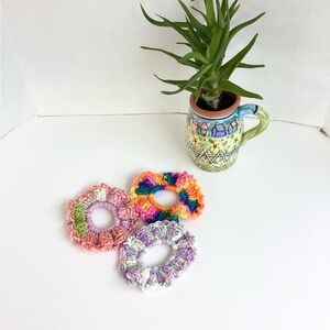Hair Scrunchy Set Hand Crafted Colorful Spring Summer Crochet Purple Green